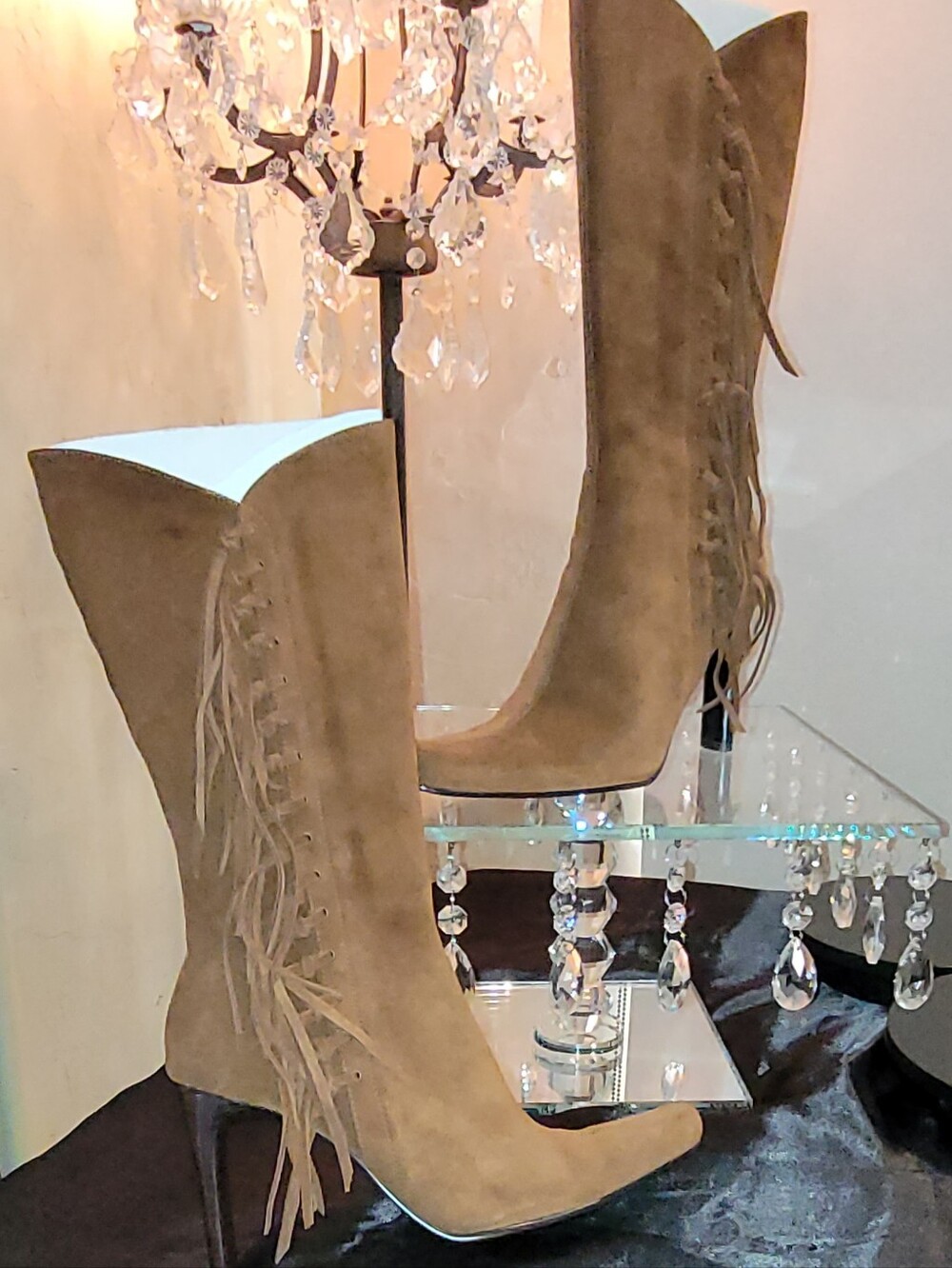 MIA Tan Suede Fringed Tall Western Boots. Y2K Size 6.5 Stiletto Heels 4in - Picture 3 of 17